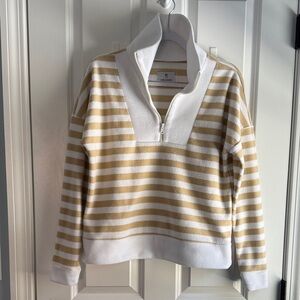 Dudley Stepehns Beige and White Striped Quarter-Zip Sweater